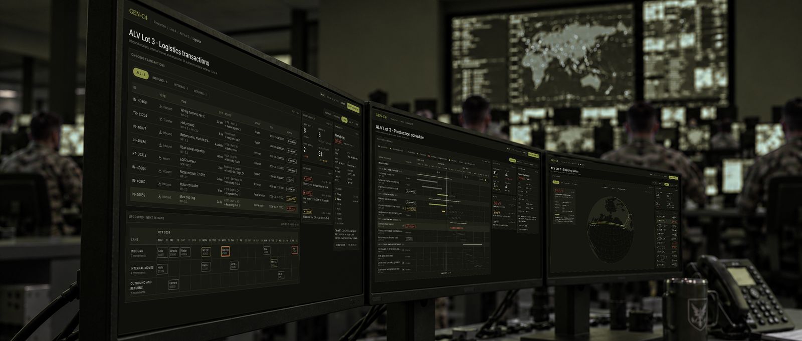 Concept visualization: an operations center where GEN-C4 workstations show logistics transactions, a production schedule, and shipping lanes for a production lot of autonomous land vehicles.